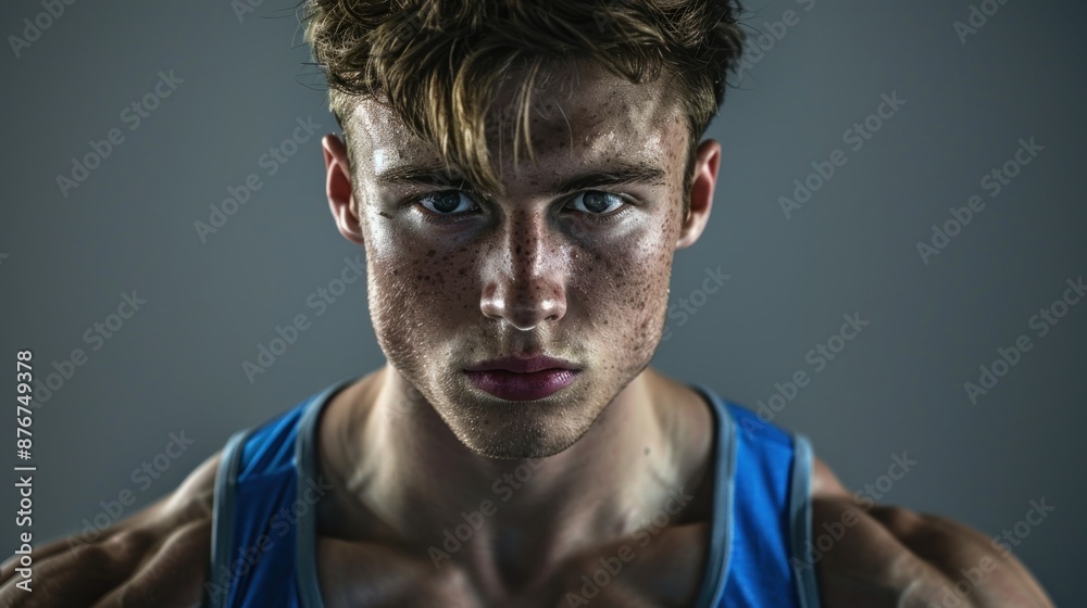 Close-up of a young man lifting weights and looking focused, wearing a blue tank top, standing in front of a grey background, Portrait close-up, hyper-realistic, high detail, photorealistic, studio Close-up of a young man lifting weights and looking focused, wearing a blue tank top, standing in front of a grey background, Portrait close-up, hyper-realistic, high detail, photorealistic, studio