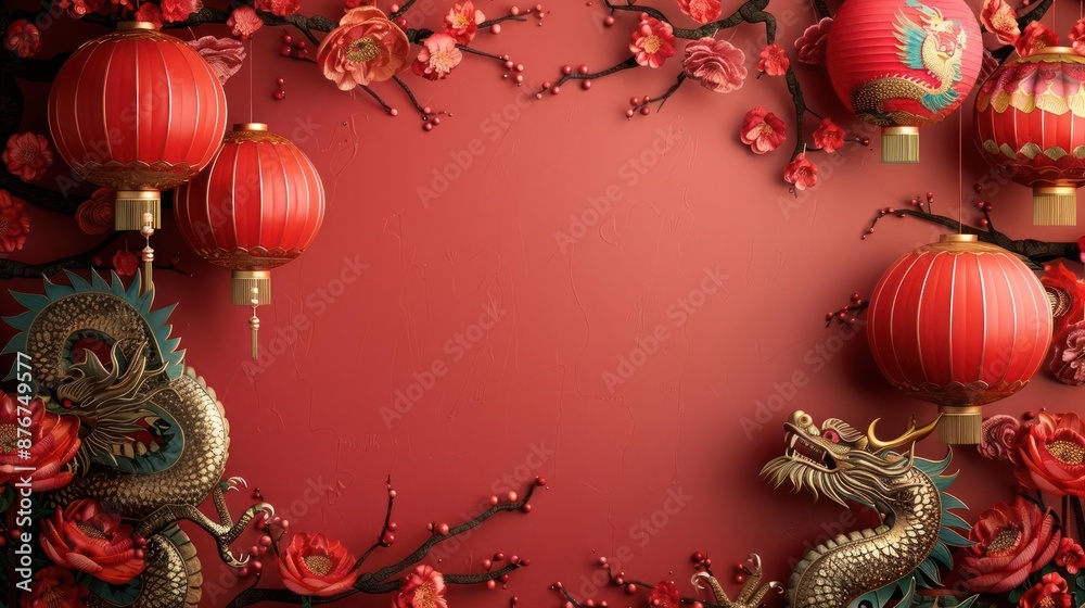 Naklejka premium Minimalist Asian Motifs for the Chinese Lunar New Year Celebration - A Tribute to Tradition with Red Lanterns and Golden Festivities