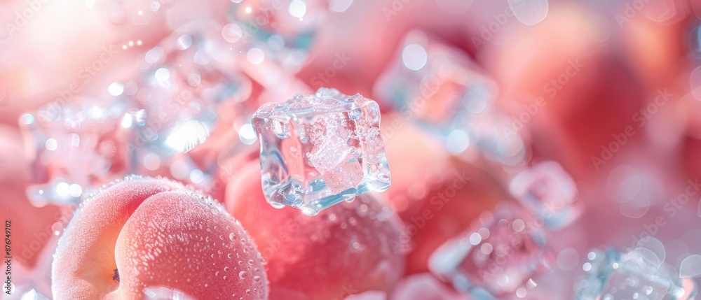 Close-up of ice cubes melting on fresh peaches, creating a refreshing and cool summer vibe. Perfect for food and drink themes. Close-up of ice cubes melting on fresh peaches, creating a refreshing and cool summer vibe. Perfect for food and drink themes.