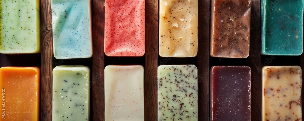 Colorful handmade soap bars arranged in a row. Natural ingredients and organic textures perfect for skincare and spa products.