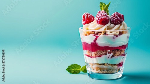 Wallpaper Mural Raspberry dessert cheesecake trifle mouse in a glass on blue background Torontodigital.ca