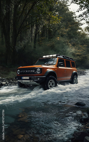 Off road vehicle driving in forest auto adventure concept automotive automotive river generative ai