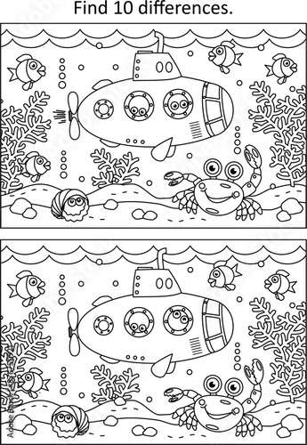 Underwater life with submarine, fish, crab, algae find difference game and coloring page 
