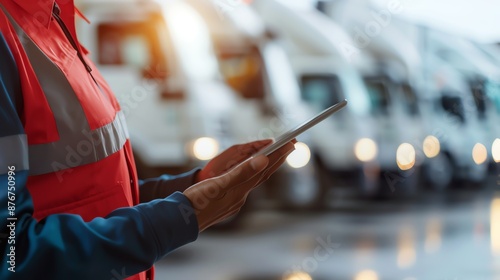 A young woman in a red and blue uniform uses a tablet to manage the fleet of trucks behind her.