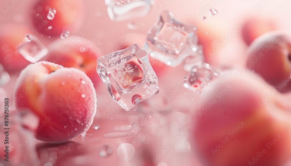 Fresh peaches and ice cubes in soft focus capture a refreshing and cooling sensation with vibrant and natural colors in pink hues. Fresh peaches and ice cubes in soft focus capture a refreshing and cooling sensation with vibrant and natural colors in pink hues.
