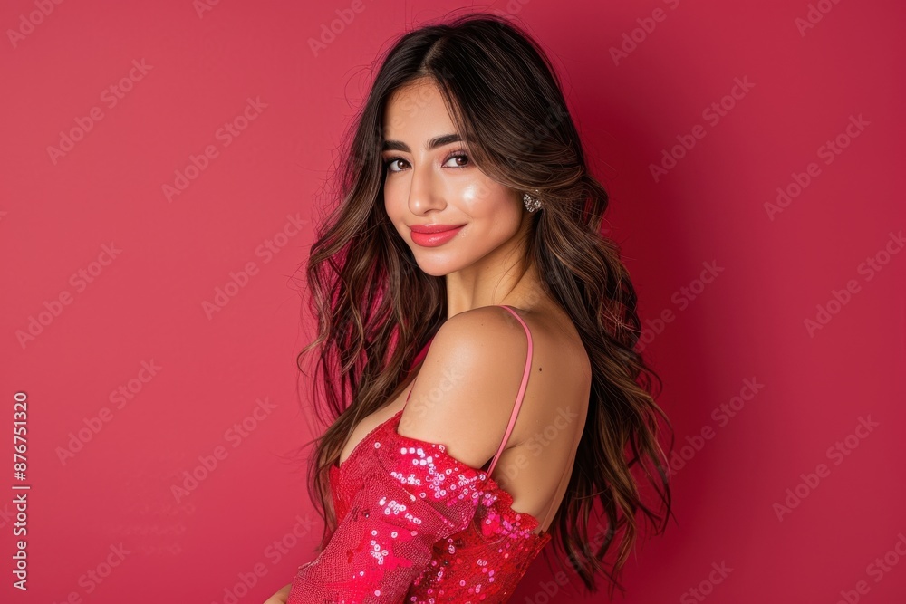 A stunning woman with wavy hair and a confident smile, wearing a red sequin dress, stands against a vibrant pink background A stunning woman with wavy hair and a confident smile, wearing a red sequin dress, stands against a vibrant pink background