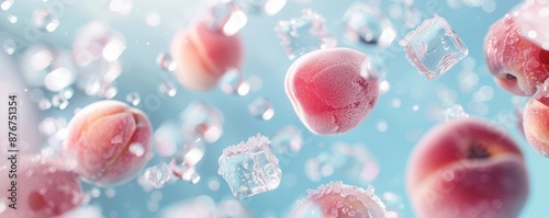 Frozen peaches and ice cubes in mid-air against a blue background, capturing the freshness and coldness in a vibrant scene.