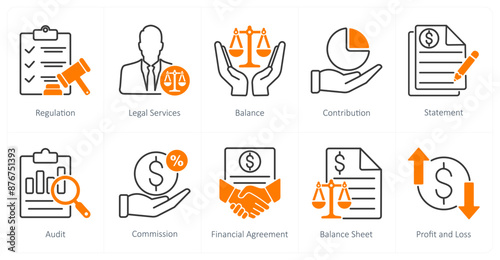 A set of 10 Accounting icons as regulation, legal services, balance