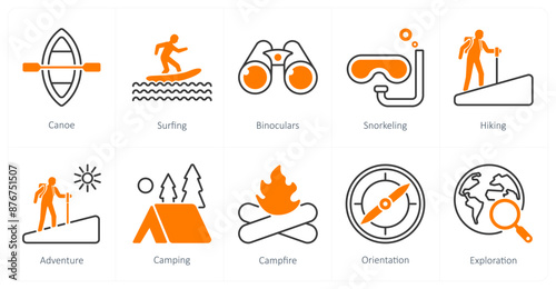 A set of 10 Adventure icons as canoe, surfing, binoculars