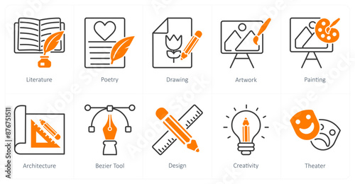 A set of 10 art icons as literature, poetry, drawing