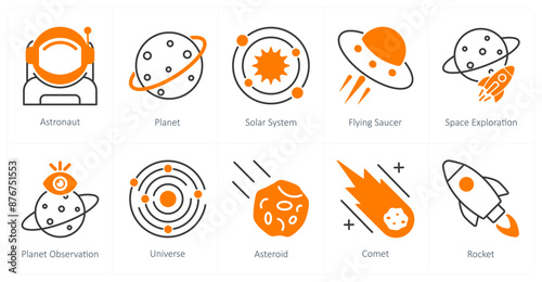 A set of 10 Astronomy icons as astronaut, planet, solar system