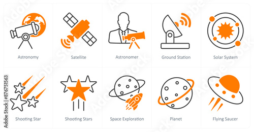 A set of 10 Astronomy icons as astronomy, satellite, astronomer