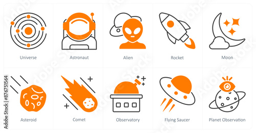 A set of 10 Astronomy icons as universe, astronaut, alien