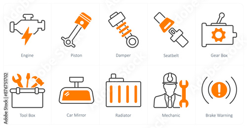 A set of 10 Car icons as engine, piston, damper