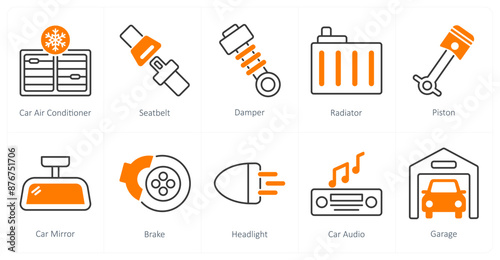 A set of 10 Car icons as car air conditioner, seatbelt, damper