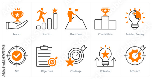 A set of 10 Challenge icons as reward, success, overcome