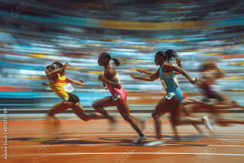 Female Spring running 100 meter  finals during an international world sports event.  photo