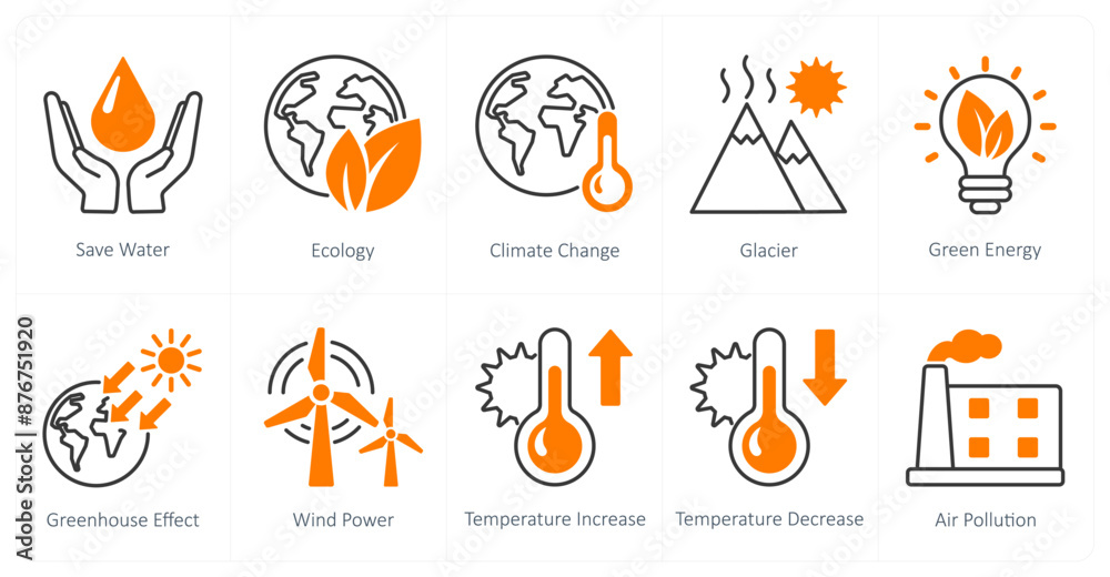 A set of 10 Climate Change icons as save water, ecology, climate change A set of 10 Climate Change icons as save water, ecology, climate change