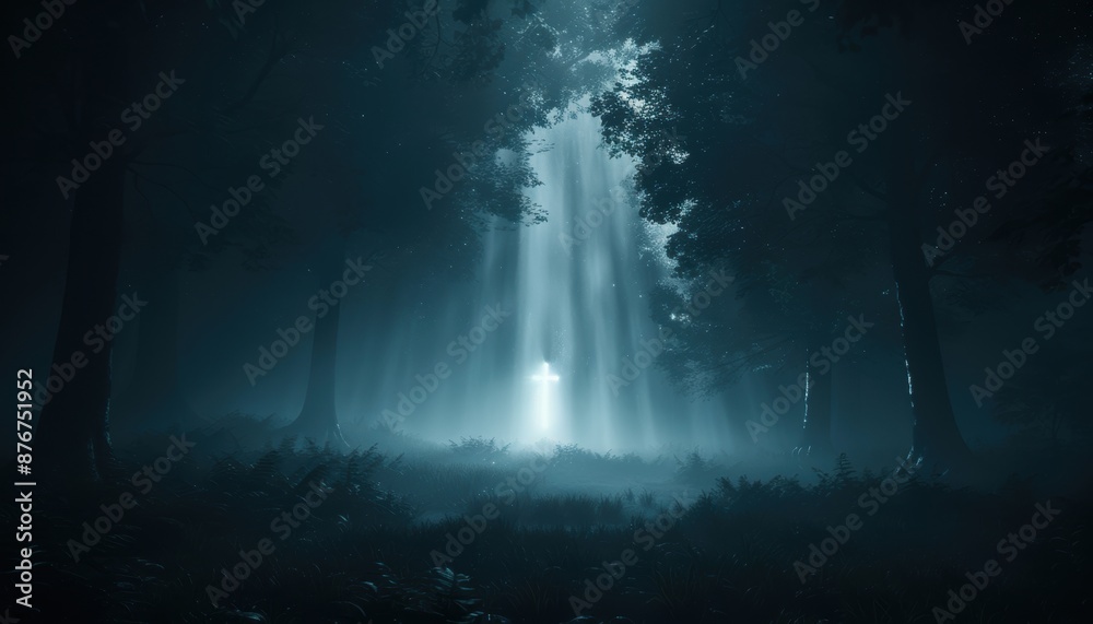 Mysterious forest scene at night with a luminous mist and ethereal light breaking through the trees, creating an enchanting and eerie atmosphere. Mysterious forest scene at night with a luminous mist and ethereal light breaking through the trees, creating an enchanting and eerie atmosphere.