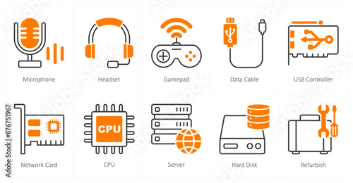 A set of 10 Computer Parts icons as microphone, headset, gamepad photo