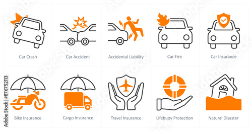 A set of 10 Insurance icons as car cash, car accident, accidental liability