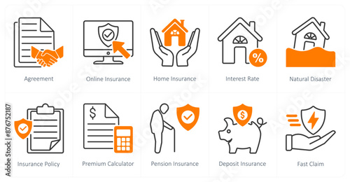 A set of 10 Insurance icons as agreement, online insurance, home insurance