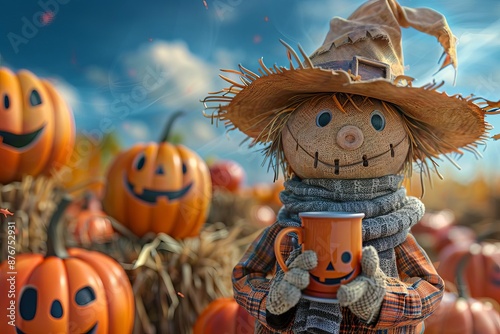 A whimsical illustration of a scarecrow holding a mug of hot apple cider, surrounded by a field of pumpkins with funny faces, on a warm brown backdrop with a clear blue sky photo