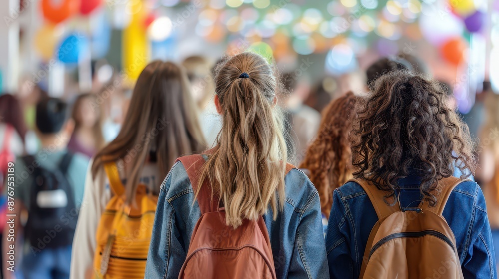 A photograph of high school friends full of energy, dressed in casual university attire, viewed from behind, close-up A photograph of high school friends full of energy, dressed in casual university attire, viewed from behind, close-up