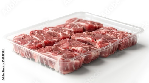 Freshly packaged pork cuts tenderloin, chops, etc in clear plastic trays on a solid white background