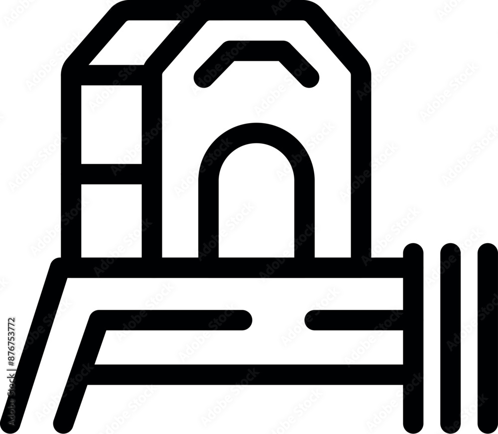 Line art icon of a doghouse standing on a wooden platform and surrounded by a fence Line art icon of a doghouse standing on a wooden platform and surrounded by a fence
