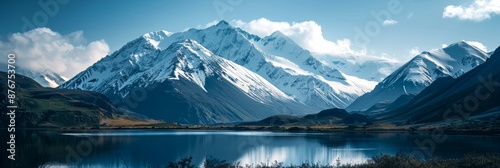 Immerse in the awe-inspiring beauty of Alaskas snow-capped peaks. This stunning landscape captures the serene and majestic nature of the Alaskan wilderness. perfect for travel and adventure themes. photo