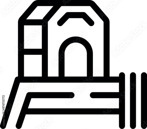 Line art icon of a doghouse standing on a wooden platform and surrounded by a fence
