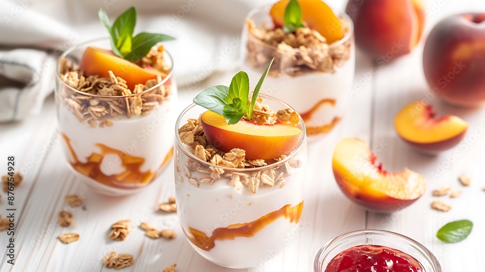 Tasty peach yogurt with granola pieces of fruit and jam on white wooden table Tasty peach yogurt with granola pieces of fruit and jam on white wooden table
