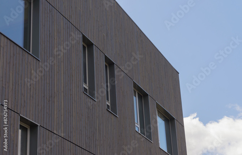 Modern architecture façade made of dark wood perspective view
