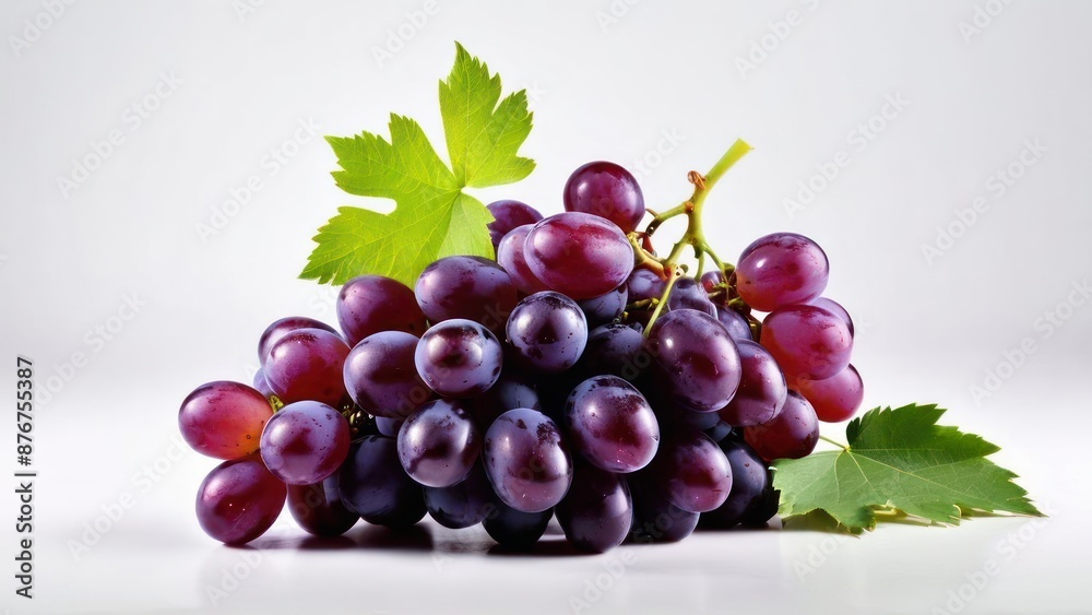 A Bunch of Fresh Grapes with Green Leaves Against a White Backdrop A Bunch of Fresh Grapes with Green Leaves Against a White Backdrop