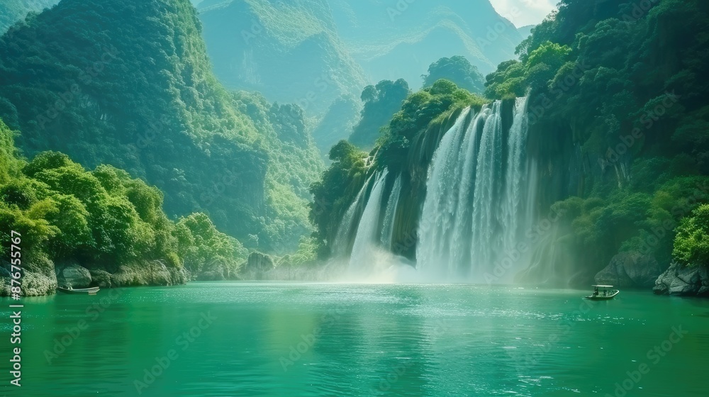Fototapeta premium Emerald lake with towering green cliffs and falls