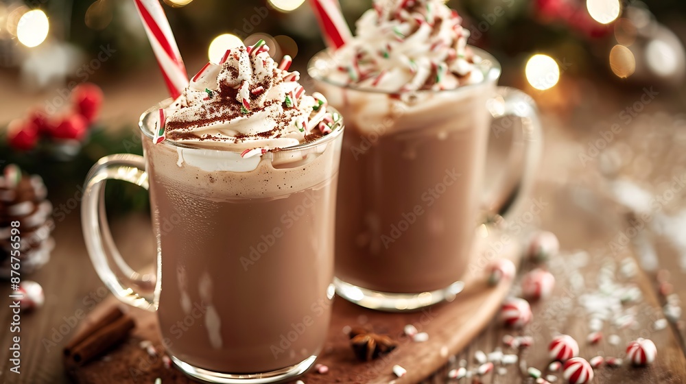 Two cups of hot chocolate with whipped cream and candy cane for the Christmas Two cups of hot chocolate with whipped cream and candy cane for the Christmas