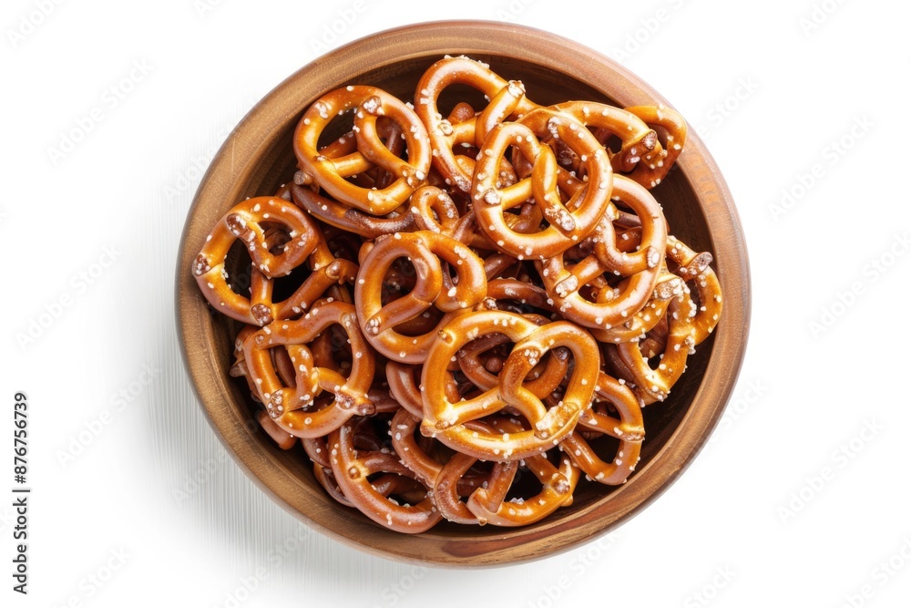 A wooden bowl filled with pretzels on a white table, ready for snacking A wooden bowl filled with pretzels on a white table, ready for snacking