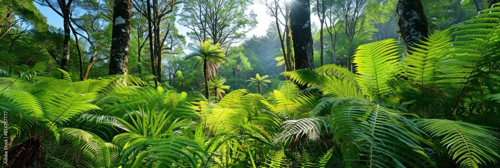 Fototapeta premium Silver Tree Ferns (Cyathea dealbata) thriving in a lush tropical rainforest environment