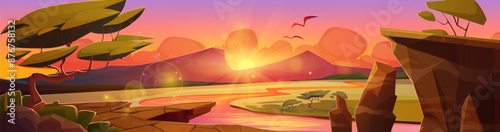 African savannah landscape on sunset or sunrise. Dusk or dawn Africa desert nature scenery with river and grassland, trees and bushes, rock mountains and sun on pink and orange sky with clouds.