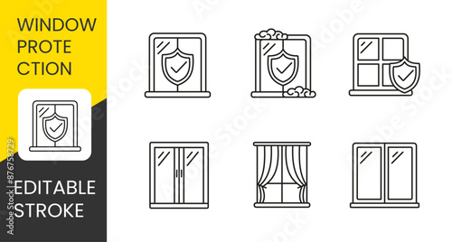 Window set vector line icons with editable stroke