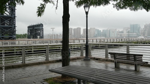 New York City waterfront skyline, Manhattan midtown, riverfront skyscrapers by East river water. Waterside cityscape view from Gantry Plaza dock pier, Long Island, Queens. United States architecture. photo