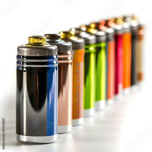 Close-up Image of Variously Colored Batteries in a Row Representing Different Stages of Energy Levels photo