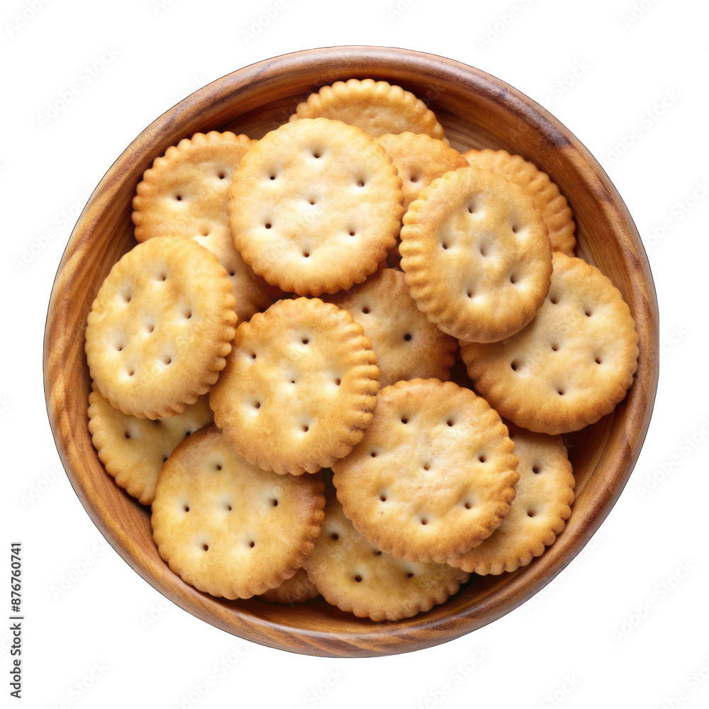 Round salted crackers in wooden bowl top view isolated on transparent background Round salted crackers in wooden bowl top view isolated on transparent background