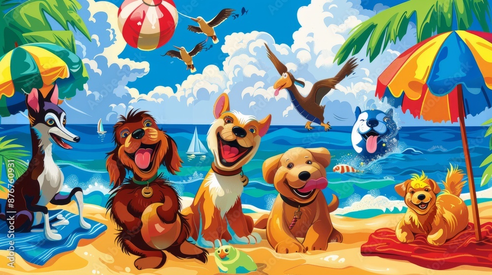 Happy Dogs On Summer Beach. Happy Dogs On Summer Beach.