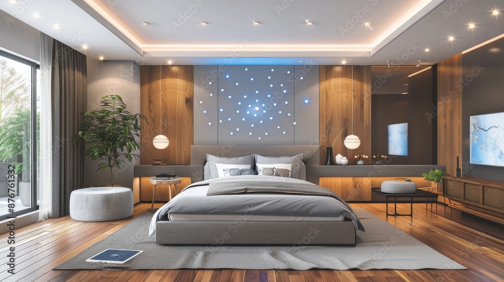 Background: The interior design of the master bedroom features a modern and comfortable style, with elegant furniture and a cozy bed. Background: The interior design of the master bedroom features a modern and comfortable style, with elegant furniture and a cozy bed.