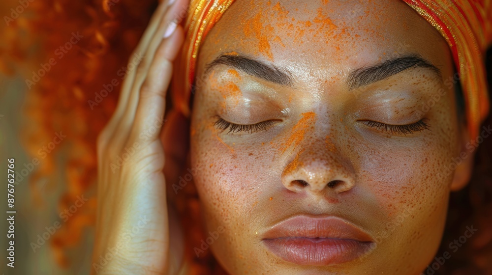 Close-up of a woman with curly hair and freckles, eyes closed, relaxed and serene, wearing an orange headscarf. Close-up of a woman with curly hair and freckles, eyes closed, relaxed and serene, wearing an orange headscarf.