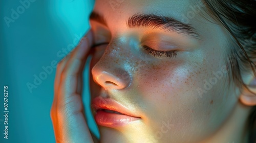 Close-up of a woman's serene face, eyes closed, illuminated with blue and orange light, reflecting tranquility and softness. photo