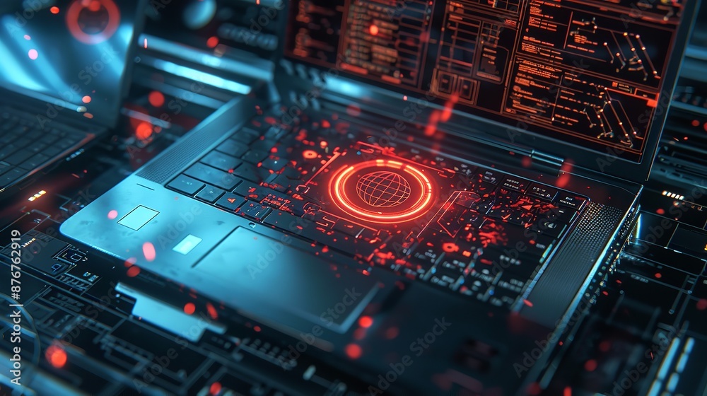 Futuristic computer technology with a laptop in neon colors. For cover backgrounds, wallpapers and other modern projects. Generative AI Futuristic computer technology with a laptop in neon colors. For cover backgrounds, wallpapers and other modern projects. Generative AI