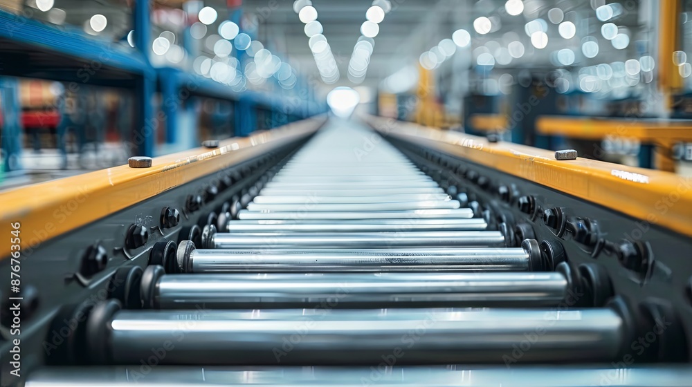 Intersection of conveyor rollers, with objects being transported along a production line. Intersection of conveyor rollers, with objects being transported along a production line.